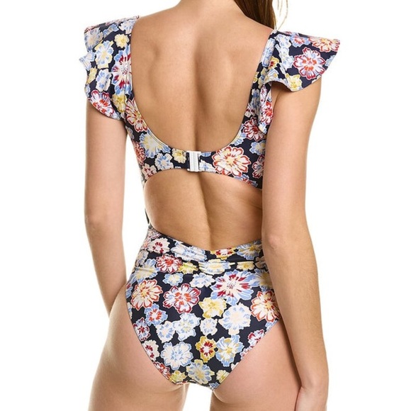 Tanya Taylor Coraline Cut Out Blue Floral Ruffles One Piece Swimsuit NWT Size XL - Picture 2 of 12